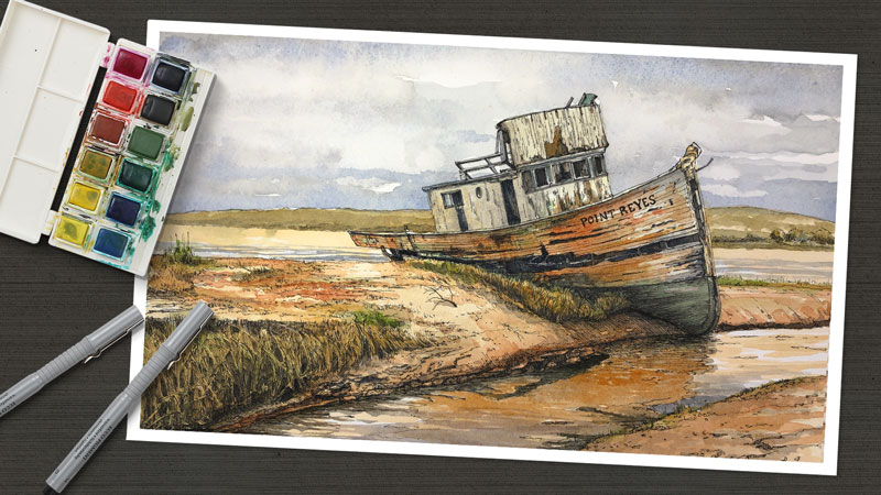 水墨画-旧船