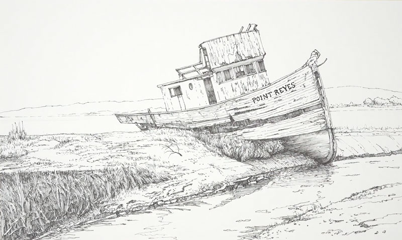 一艘旧船的笔墨素描