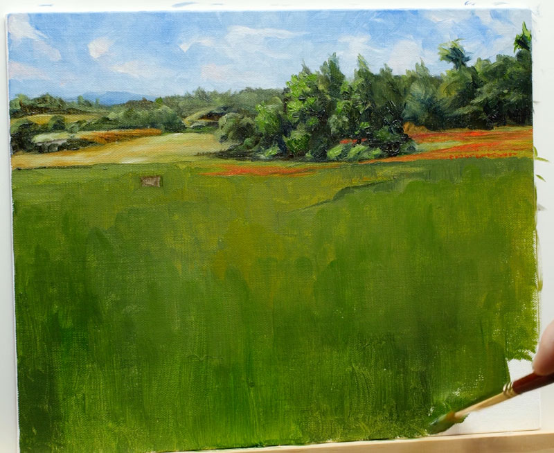 在画面平面的右侧画远处的树木和花朵，并在画布的其余部分填充颜色