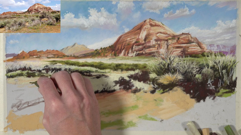 油漆干画笔和植被在沙漠场景